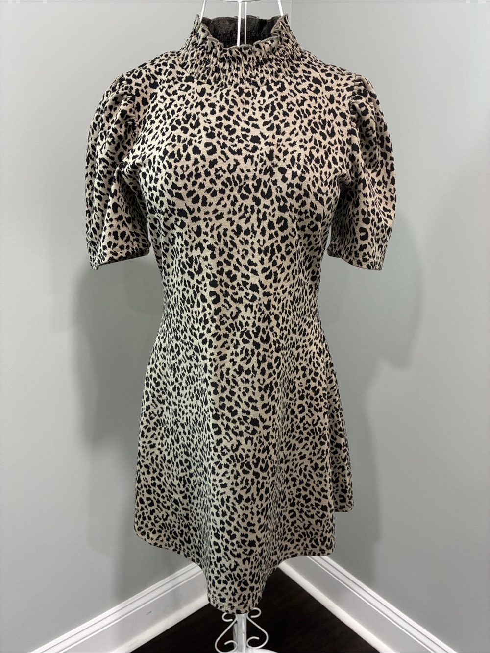 Mock Neck Leopard Print Midi Dress in Black and Cream